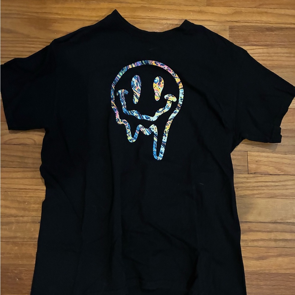 Black Graphic Tee with Colorful Smiley